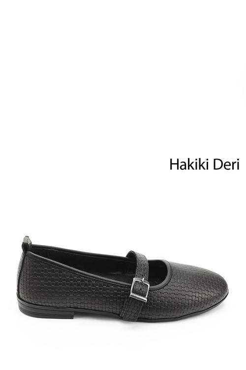 Kadın Siyah Hasır Baskılı Mary Jane Hakiki Deri Babet