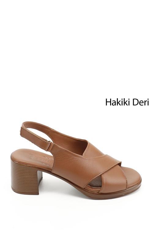 Kadın Taba Antik Cırt Bantlı Kalın Topuklu Hakiki Deri Sandalet