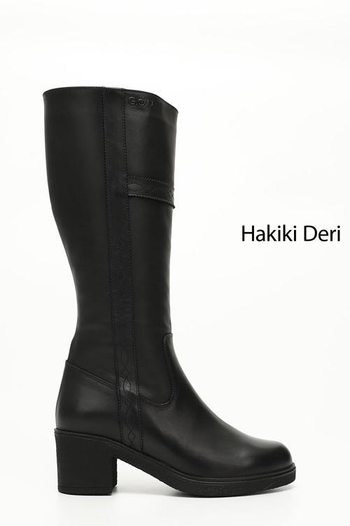 Kadın Siyah Fermuarlı Kalın Topuklu Hakiki Deri Çizme