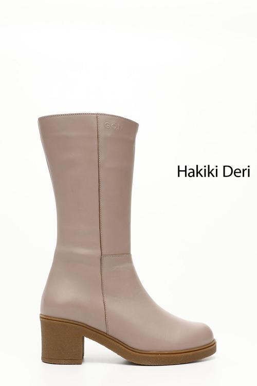 Kadın Pudra Fermuarlı Kalın Topuklu Hakiki Deri Çizme