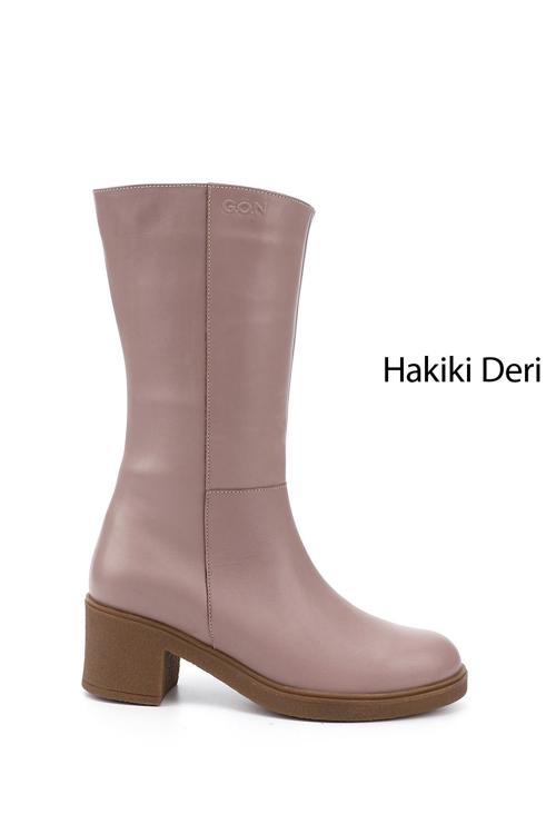 Kadın Pudra Fermuarlı Kalın Topuklu Hakiki Deri Çizme