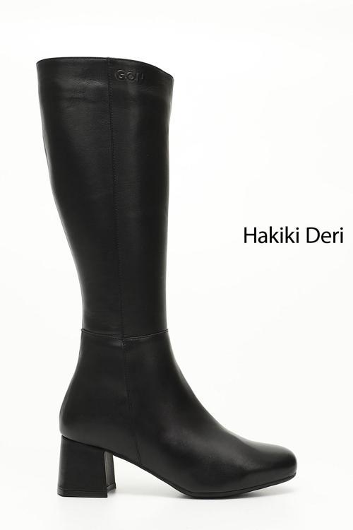 Kadın Siyah Hakiki Deri Topuklu Fermuarlı Çizme