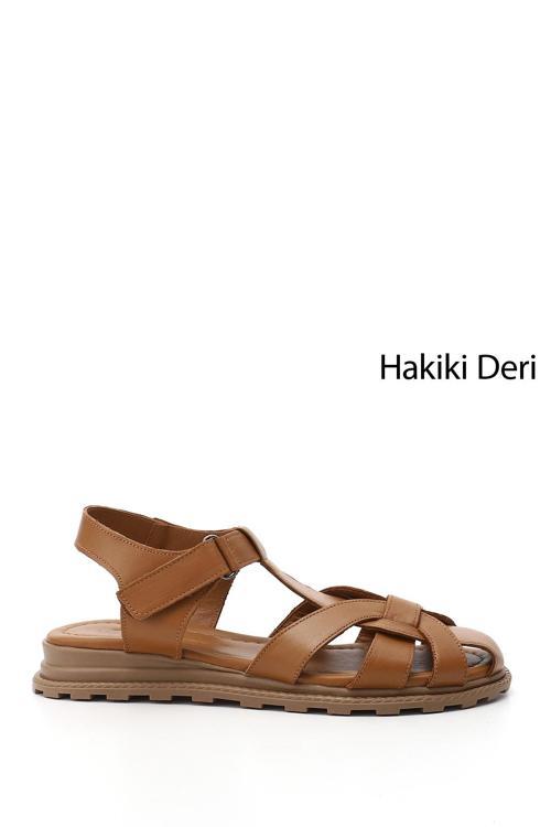 Kadın Taba Antik Cırt Bantlı Burnu Kapalı Hakiki Deri Sandalet