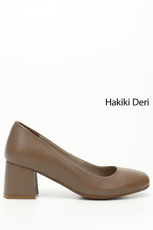 Kadın Vizon Antik Küt Burun Orta Kalın Topuklu Hakiki Deri Ayakkabı