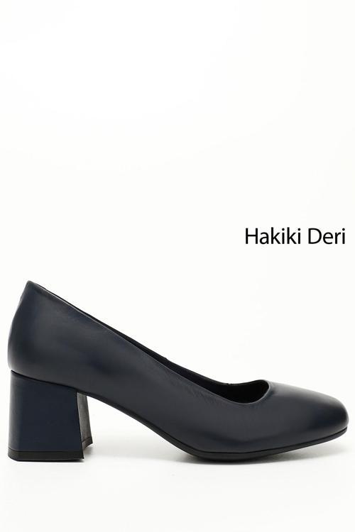 Kadın Lacivert Antik Küt Burun Orta Kalın Topuklu Hakiki Deri Ayakkabı