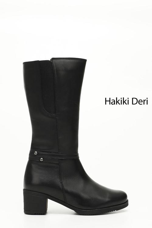 Kadın Siyah Fermuarlı Kalın Topuklu Hakiki Deri Çizme