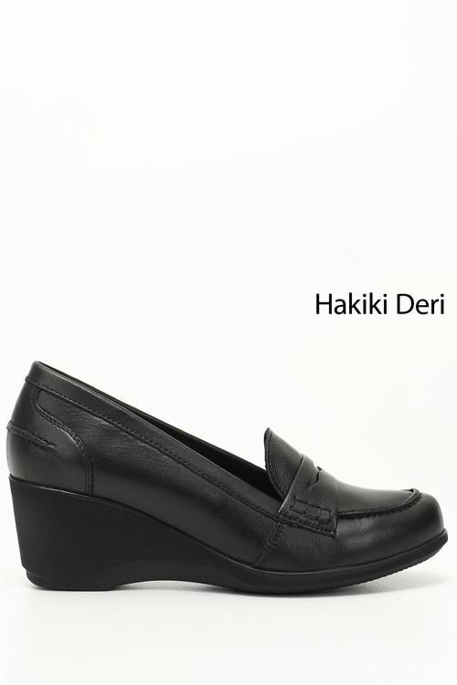 Kadın Siyah Dolgu Taban Hakiki Deri Loafer Ayakkabı