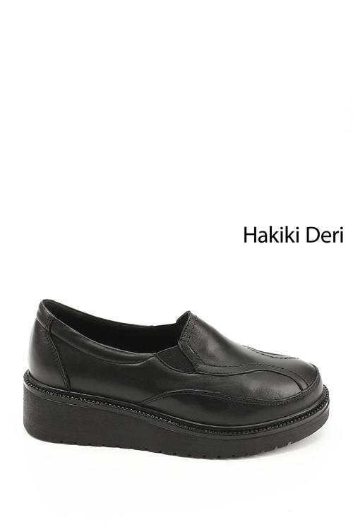 Kadın Siyah Dolgu Taban Hakiki Deri Ayakkabı