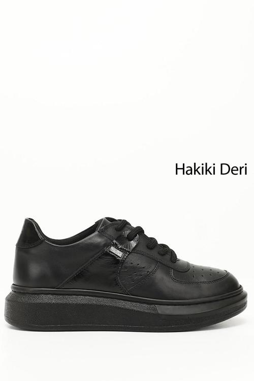 Kadın Siyah Dolgu Taban Hakiki Deri Sneaker