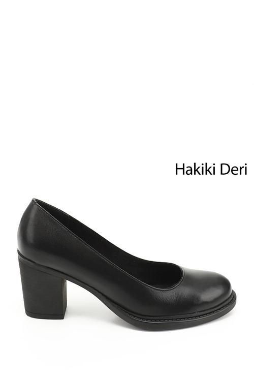 Kadın Siyah Orta Kalın Topuklu Hakiki Deri Ayakkabı