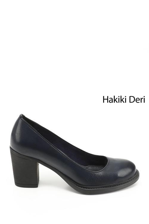 Kadın Lacivert Antik Orta Kalın Topuklu Hakiki Deri Ayakkabı