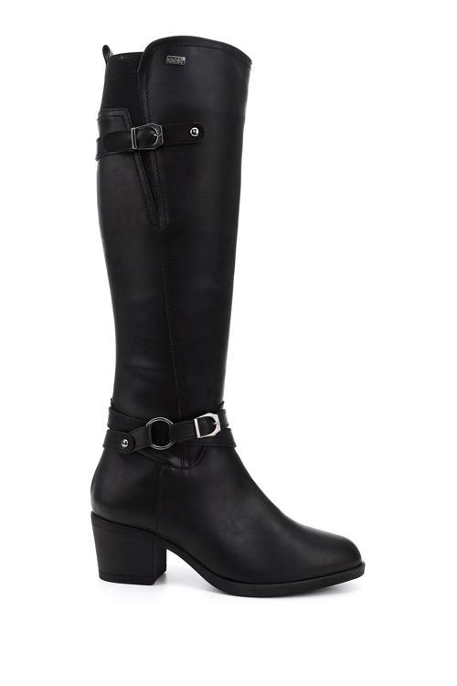 Kadın Siyah Fermuarlı Sivri Burun Kalın Topuklu Çizme