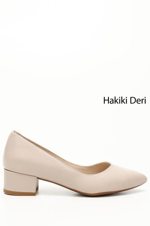 Kadın Bej Antik Kısa Kalın Topuklu Hakiki Deri Ayakkabı