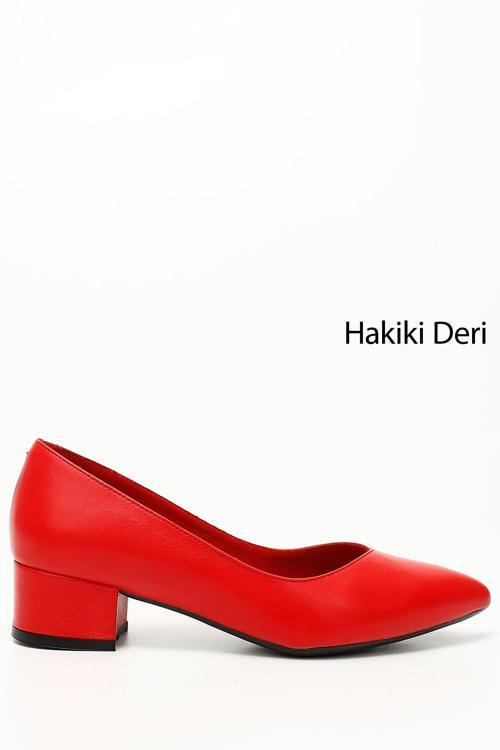 Kadın Kırmızı Antik Kısa Kalın Topuklu Hakiki Deri Ayakkabı