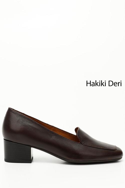 Kadın Kahve Antik Küt Burun Kısa Kalın Topuklu Hakiki Deri Ayakkabı