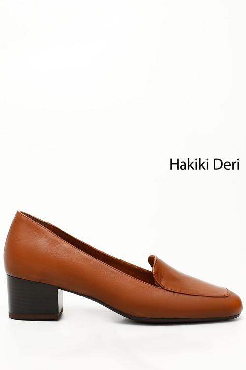 Kadın Taba Antik Küt Burun Kısa Kalın Topuklu Hakiki Deri Ayakkabı