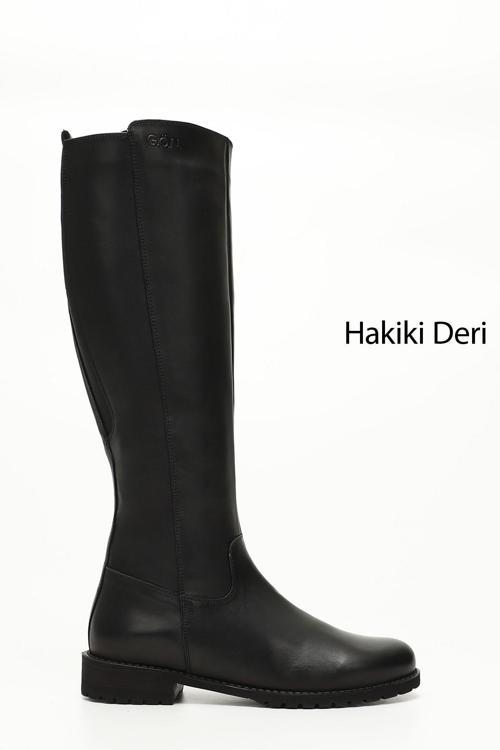 Kadın Siyah Fermuarlı Kauçuk Taban Hakiki Deri Çizme