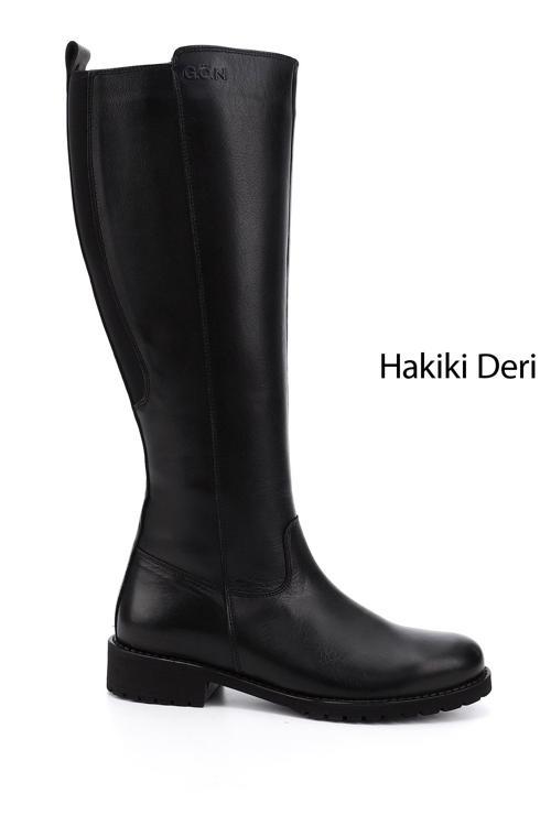 Kadın Siyah Fermuarlı Kauçuk Taban Hakiki Deri Çizme