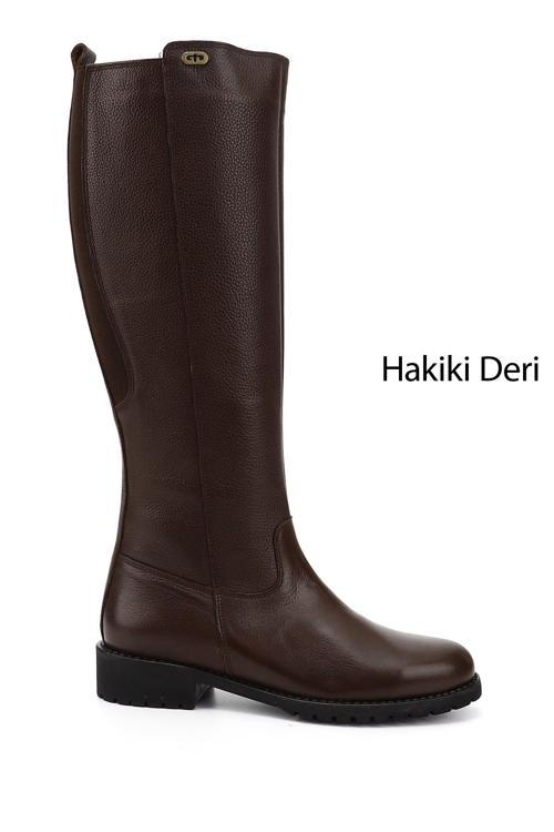 Kadın Koyu Kahve Floter Fermuarlı Kauçuk Taban Hakiki Deri Çizme