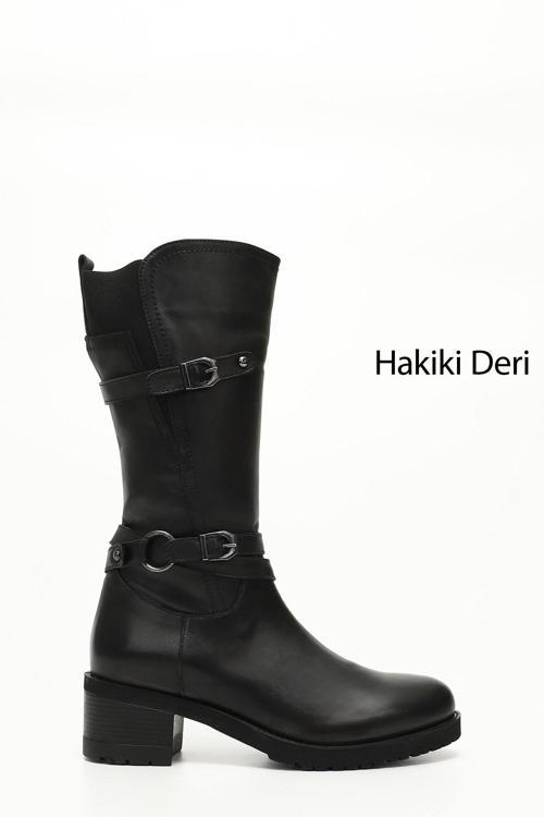 Kadın Siyah Fermuarlı Kalın Topuklu Hakiki Deri Çizme