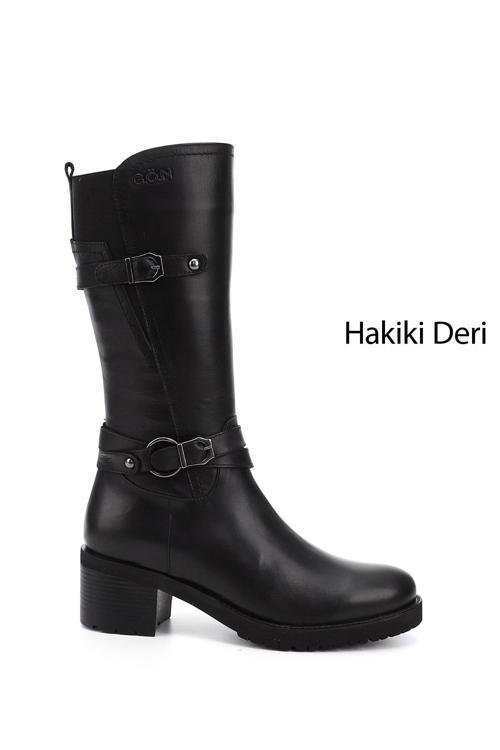 Kadın Siyah Fermuarlı Kalın Topuklu Hakiki Deri Çizme