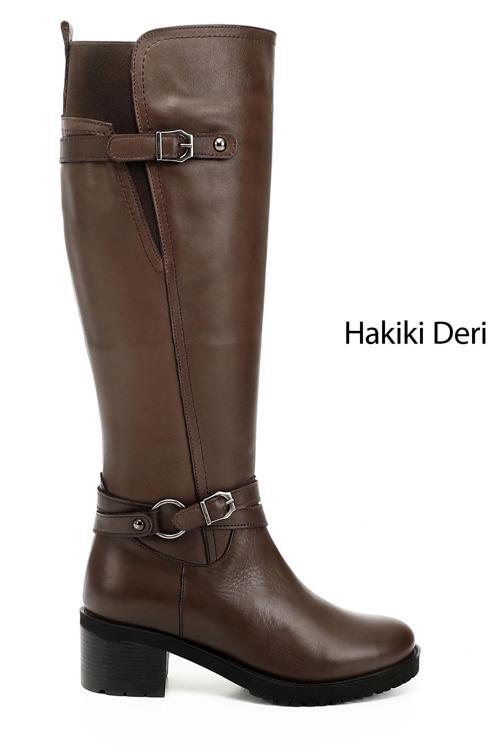 Kadın Kahve Antik Fermuarlı Kalın Topuklu Hakiki Deri Çizme