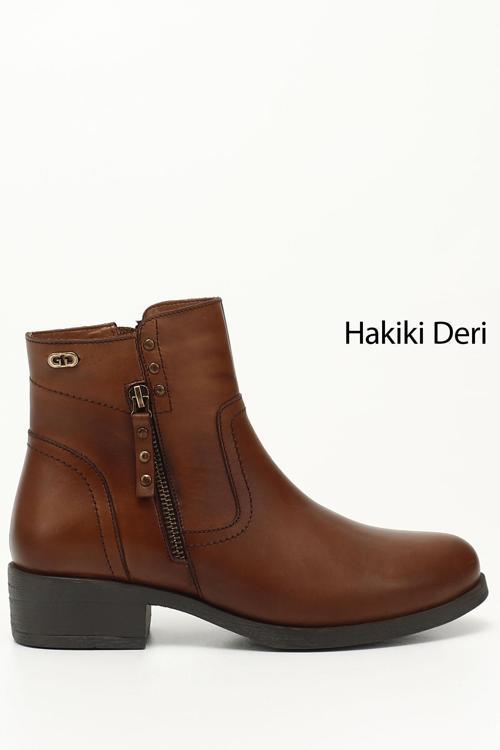Kadın Taba Antik Çift Fermuarlı Kauçuk Taban Hakiki Deri Bot