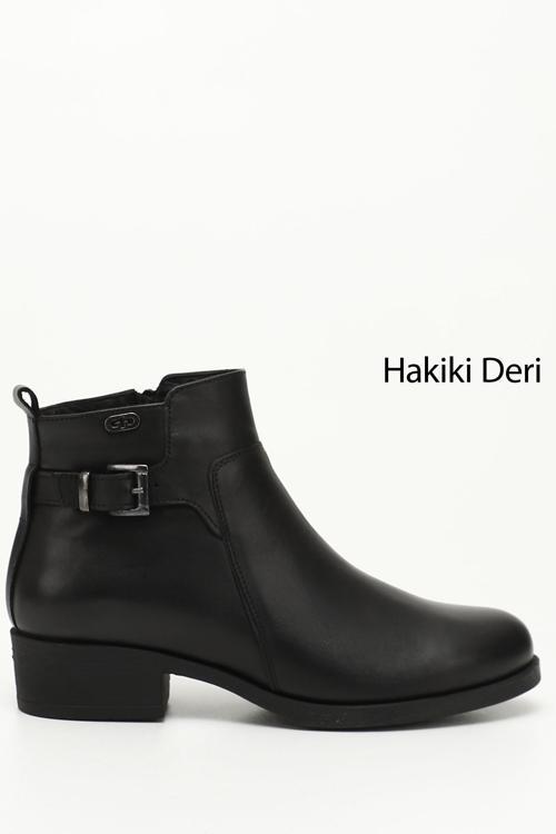 Kadın Siyah Fermuarlı Kalın Topuklu Hakiki Deri Bot