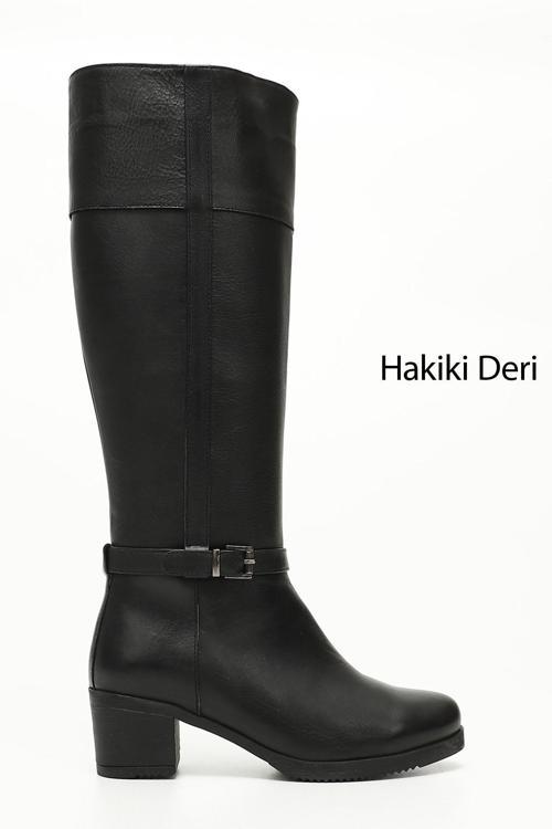 Kadın Siyah Fermuarlı Kalın Topuklu Hakiki Deri Çizme