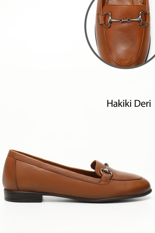 Kadın Taba Antik Hakiki Deri Tokalı Babet