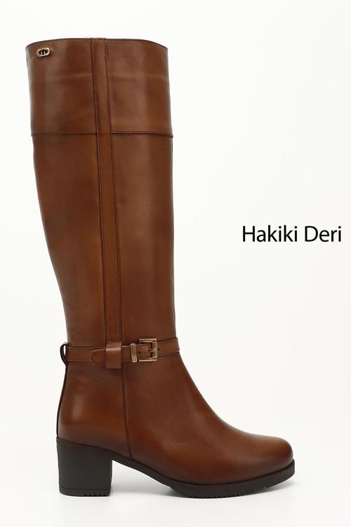 Kadın Taba Antik Fermuarlı Kalın Topuklu Hakiki Deri Çizme