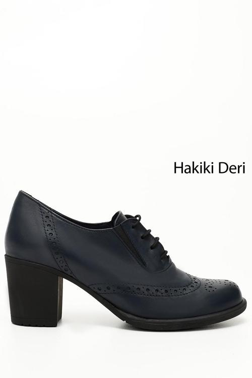 Kadın Lacivert Antik Bağcıklı Orta Kalın Topuklu Hakiki Deri Oxford Ayakkabı