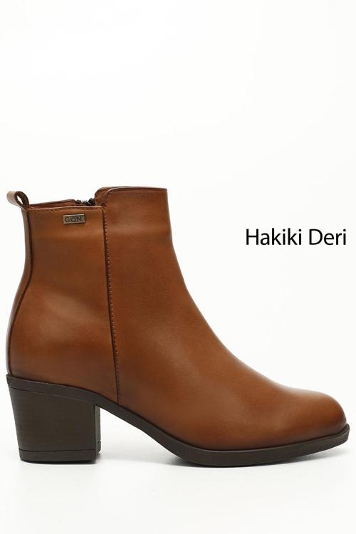Kadın Taba Antik Fermuarlı Kalın Topuklu Hakiki Deri Bot