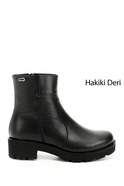 Kadın Siyah Floter Fermuarlı Kalın Topuklu Hakiki Deri Bot