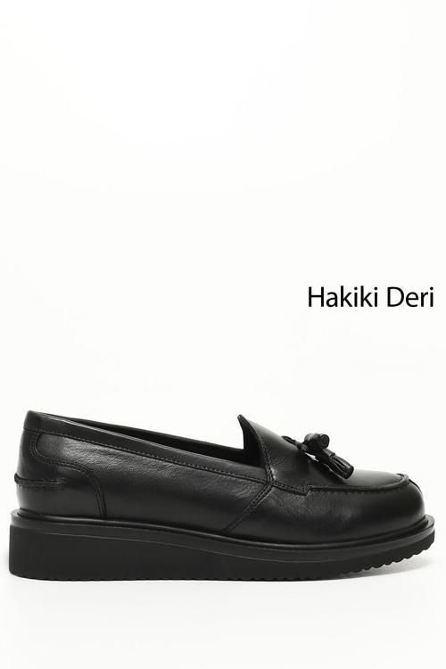 Kadın Siyah Dolgu Taban Hakiki Deri Loafer Ayakkabı