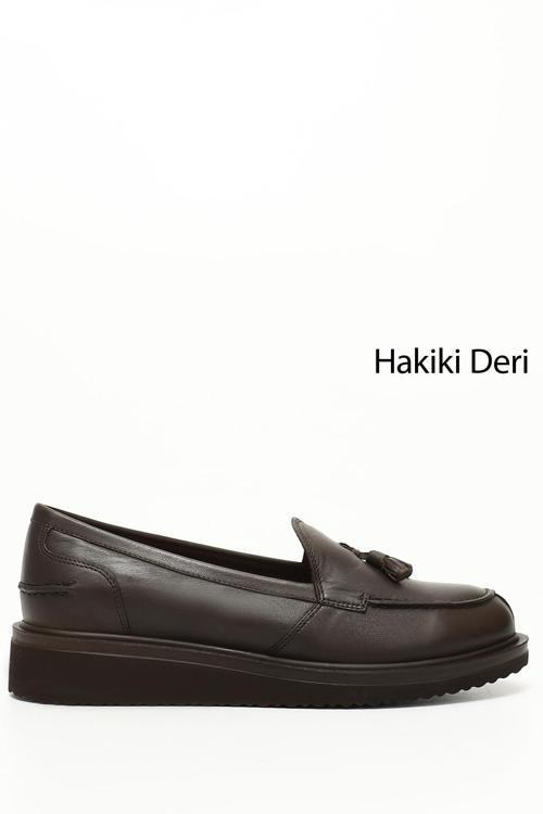 Kadın Kahve Antik Dolgu Taban Hakiki Deri Loafer Ayakkabı