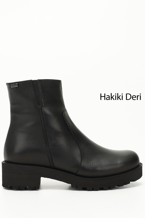 Kadın Siyah Fermuarlı Kalın Topuklu Hakiki Deri Bot