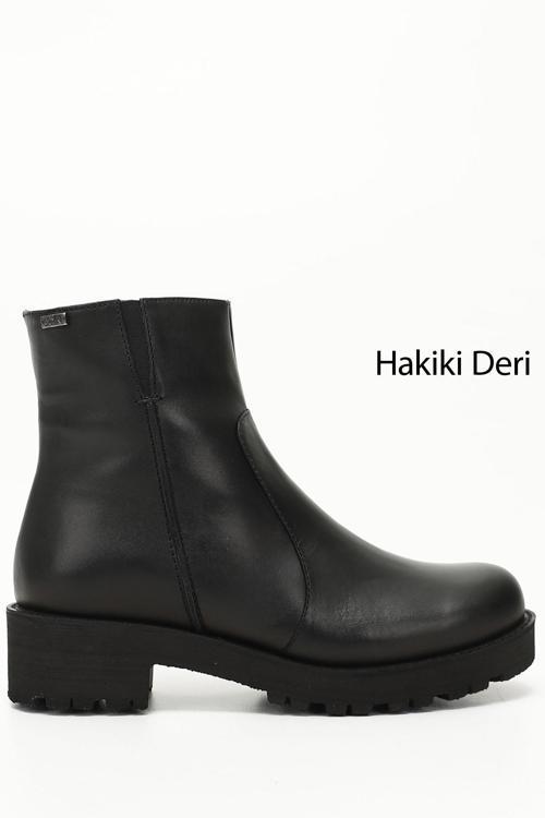 Kadın Siyah Fermuarlı Kalın Topuklu Hakiki Deri Bot