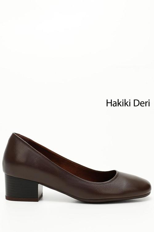 Kadın Kahve Antik Kısa Kalın Topuklu Hakiki Deri Ayakkabı
