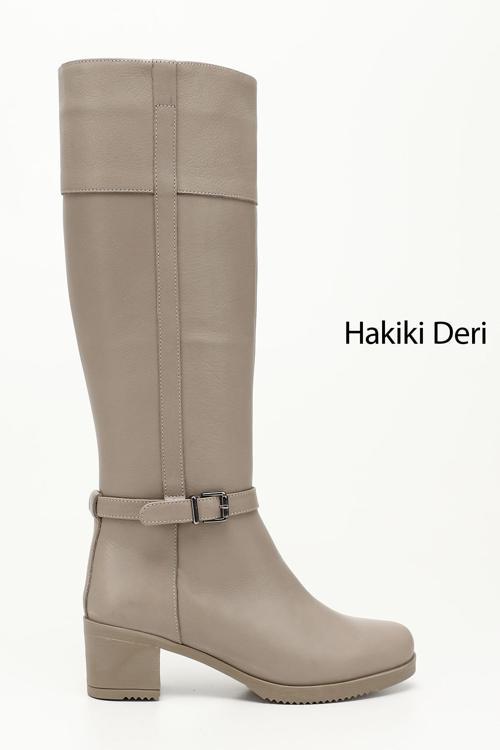 Kadın Bej Fermuarlı Kalın Topuklu Hakiki Deri Çizme