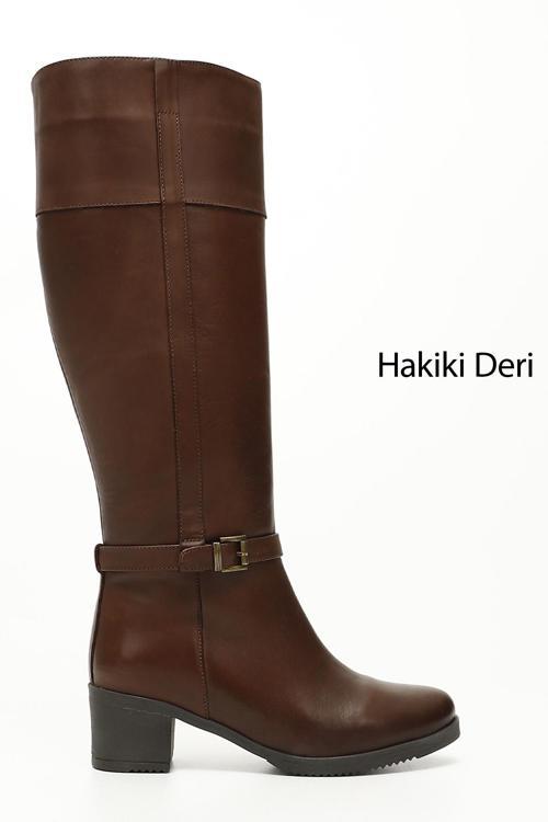 Kadın Kahve Antik Fermuarlı Kalın Topuklu Hakiki Deri Çizme