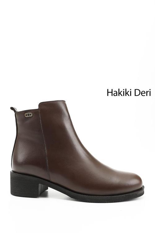 Kadın Kahve Antik Fermuarlı Kalın Topuklu Hakiki Deri Bot