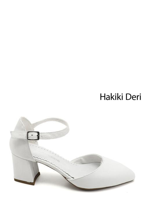 Kadın Beyaz Bilekten Bağlı Orta Topuklu Hakiki Deri Ayakkabı