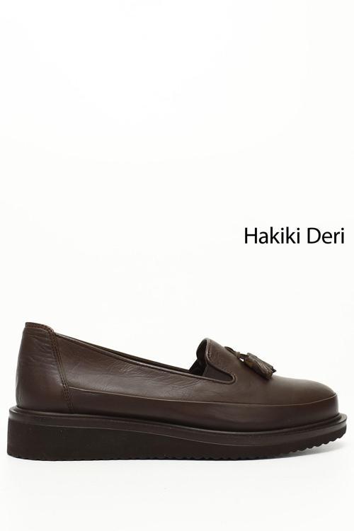 Kadın Kahve Antik Dolgu Taban Püsküllü Hakiki Deri Ayakkabı