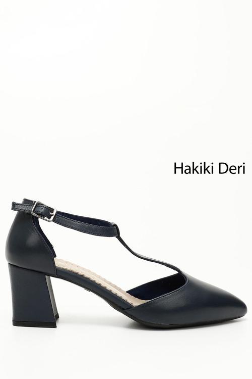 Kadın Lacivert Antik Bilekten Bağlı Orta Topuklu Hakiki Deri Ayakkabı