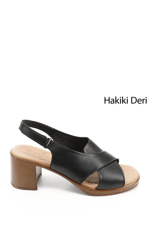 Kadın Siyah Cırt Bantlı Kalın Topuklu Hakiki Deri Sandalet
