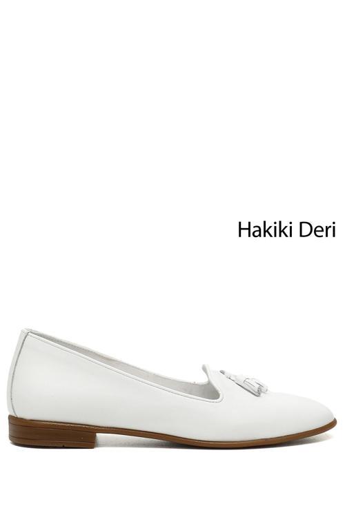 Kadın Beyaz Hakiki Deri Püsküllü Babet