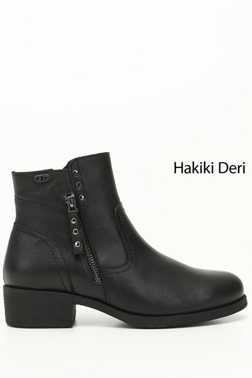 Kadın Siyah Çift Fermuarlı Kauçuk Taban Hakiki Deri Bot