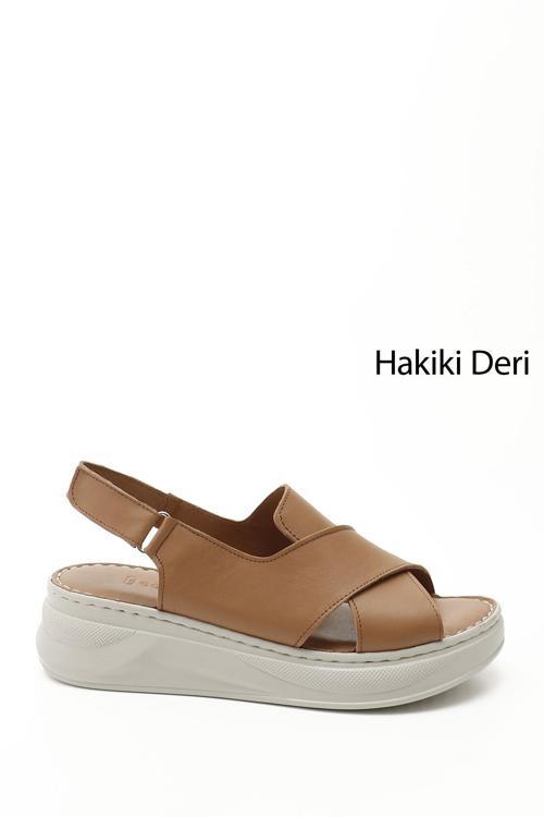 Kadın Taba Cırt Bantlı Dolgu Topuklu Hakiki Deri Comfort Sandalet