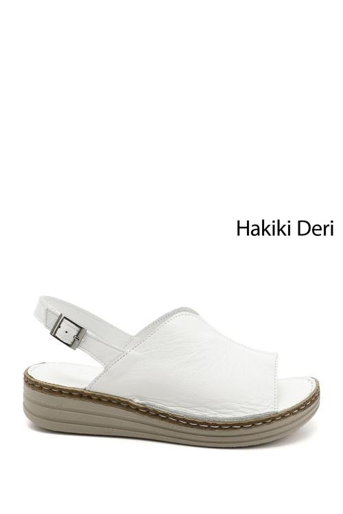 Kadın Beyaz Dolgu Topuk Hakiki Deri Comfort Sandalet